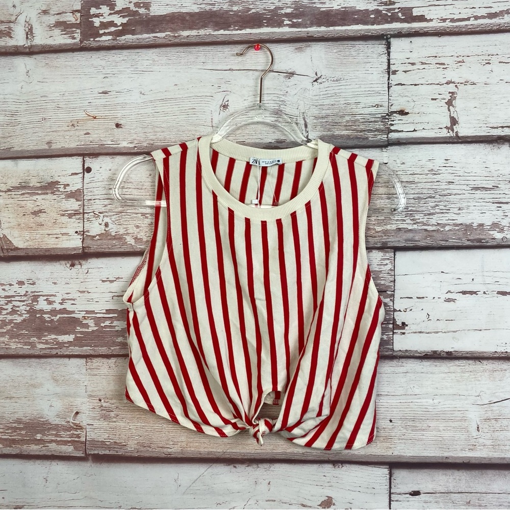 ZARA Candy Cane Red & White Stripe Front Knot Crop Top